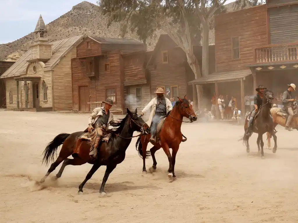 Les cavaliers en tenue western traversent une rue poussiéreuse bordée de bâtiments en bois et d'une église.