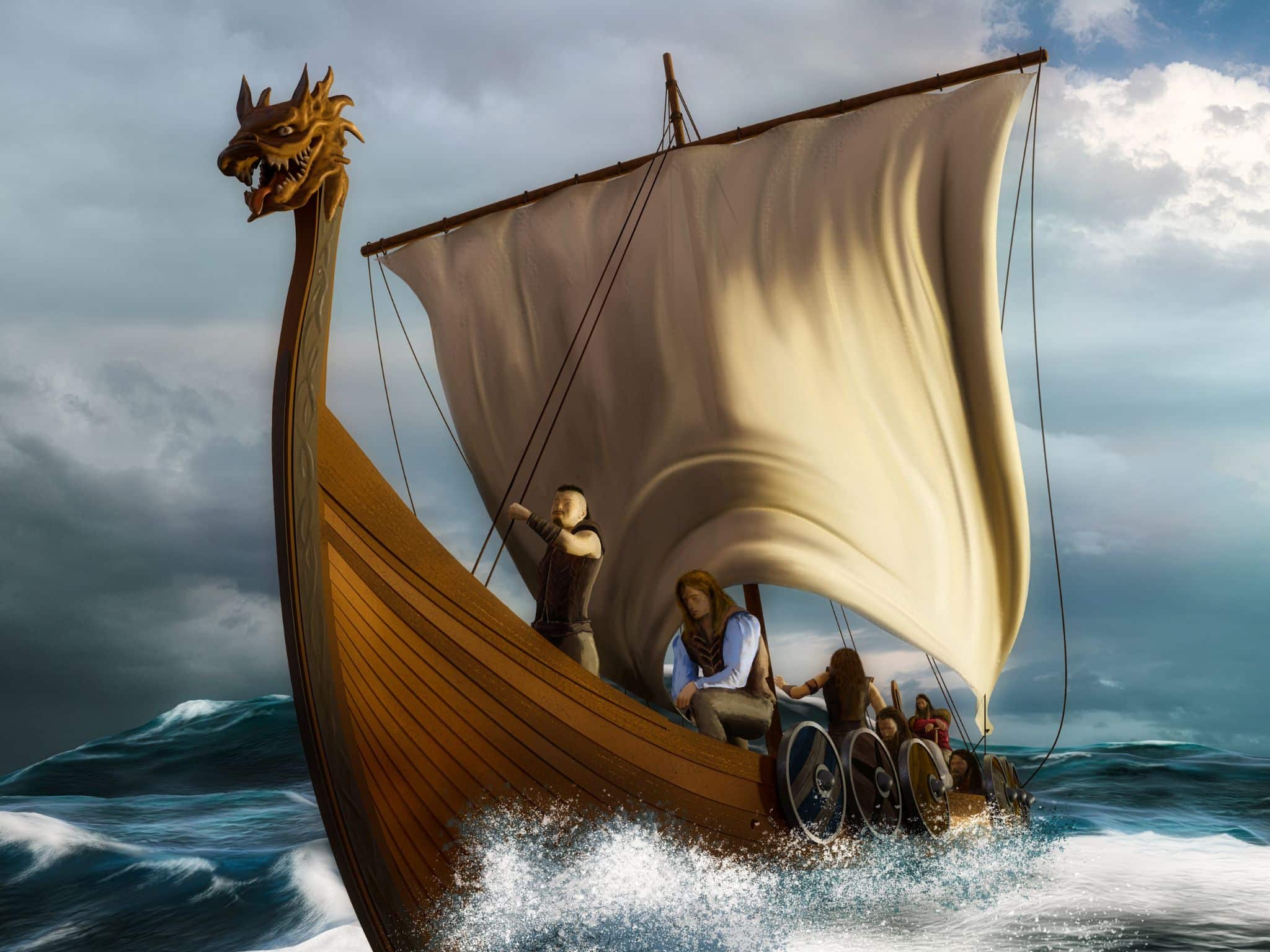 Viking longship à proue dragon, équipage sous voile, navigue sur des vagues agitées.