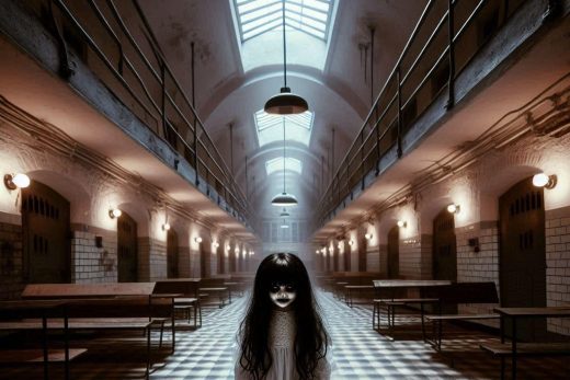 Fille en robe blanche, poupée à la main, seule dans couloir sombre aux portes grillagées.