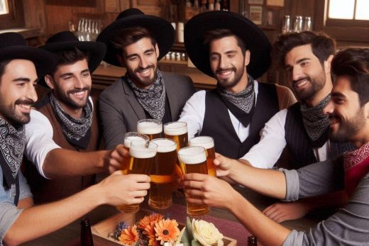 Groupe de six amis chapeau cowboy trinquant autour d'une table fleurie, ambiance festive et conviviale.