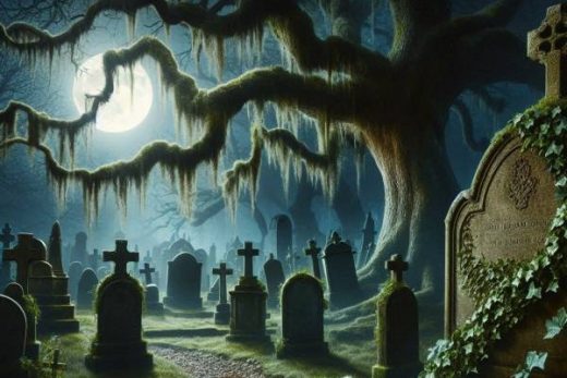 Cimetière la nuit, vieilles pierres tombales et lierre sous un arbre tordu et recouvert de mousse au clair de lune.