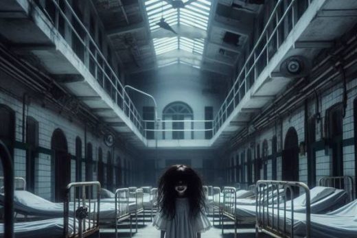 Fille en robe blanche dans hôpital abandonné, lumière tamisée, entourée de lits métalliques vides.
