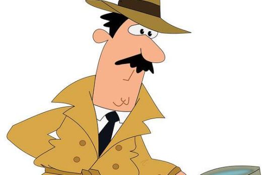 Détective cartoon en trench et chapeau, loupe à la main, explore un scénario immersif Laeris.