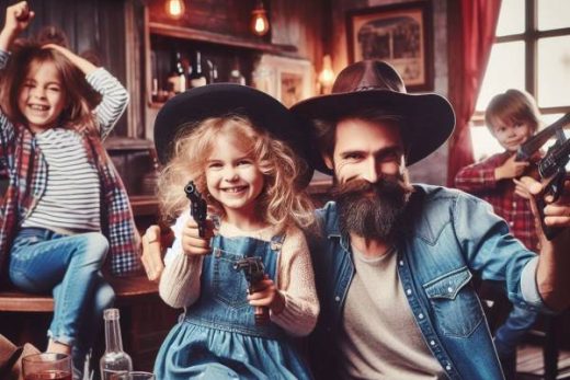 Famille déguisée cowboys joue dans une salle Western, boissons et jeux sur la table devant eux.