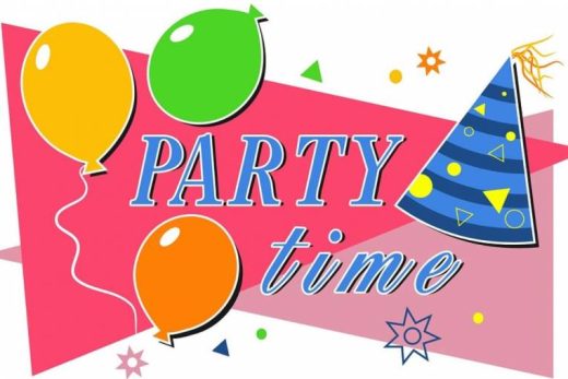 Illustration festive : ballons, confettis et chapeau avec "PARTY time", ambiance escape game Laeris Toulon.