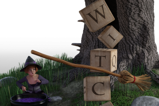 Une sorcière prépare une potion, balai flottant, lettres "WITCH", livre ouvert sur l'herbe.