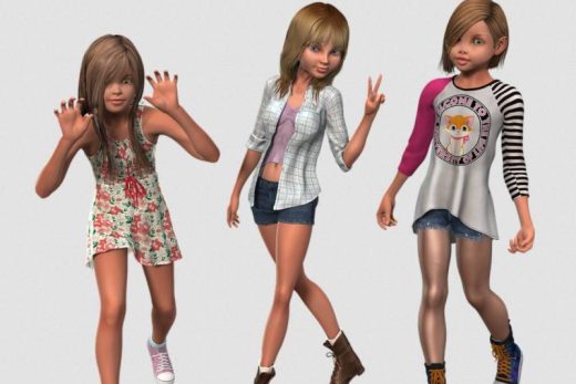 Trois filles animées posent, tenues variées : robe, short-chemise, jupe haut manches longues.