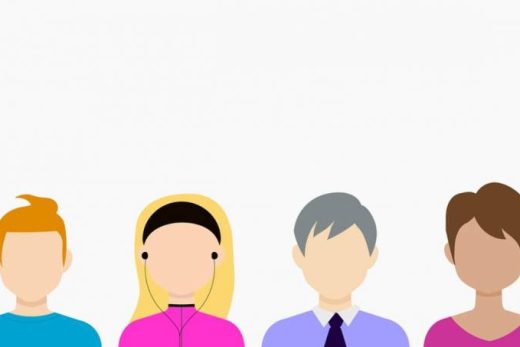 Quatre personnes stylisées évoquant l'esprit d'équipe Laeris, tenues et coiffures variées sur fond blanc.