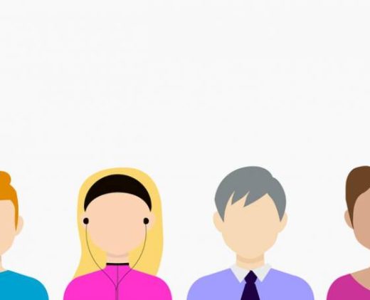Quatre personnes stylisées évoquant l'esprit d'équipe Laeris, tenues et coiffures variées sur fond blanc.