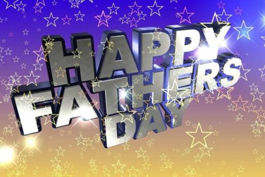 Texte 3D argenté "Happy Father's Day" sur fond d'étoiles jaunes et violettes, ambiance festive.