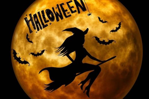 Sorcère sur balai, chauves-souris, pleine lune et "Halloween" écrit en haut. Ambiance escape game.