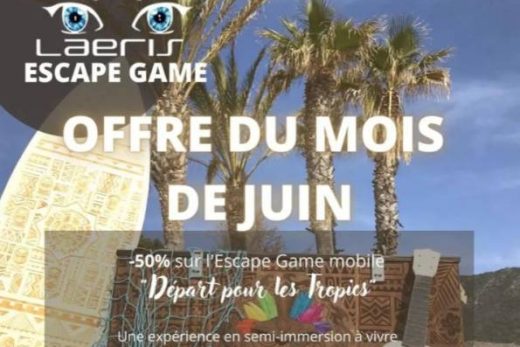 Affiche Laeris Escape Game : -50% escape game mobile, déco tropicale, numéro réservé, offre juin.