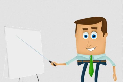 Homme cartoon cravate verte présente un paperboard vide, debout sur fond gris, prêt pour la stratégie.