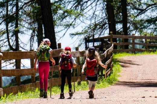 Trois enfants avec sacs à dos marchent sur un sentier boisé près d'une clôture en journée.