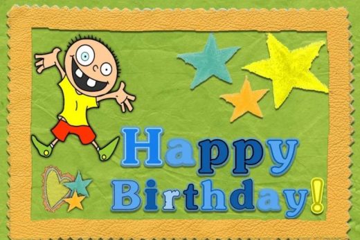 Carte "Happy Birthday !", garçon, étoiles, cœur, fond vert-jaune texturé. Parfait pour un anniversaire unique !.