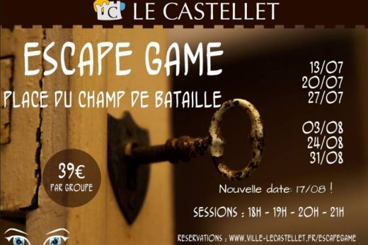 Affiche escape game Le Castellet, dates, horaires, 39€/groupe, photo clé ancienne dans serrure.