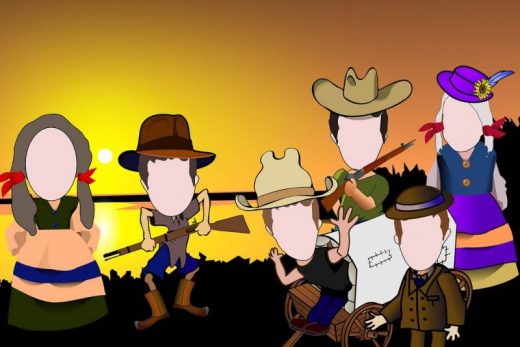 Groupe de six pionniers sans visage près d'une charrette à bâche, style western, au coucher du soleil.