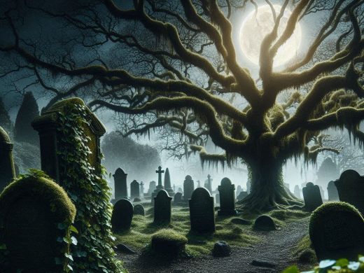 Cimetière la nuit : vieilles pierres, lierre, arbre noueux et moussu au clair de lune.