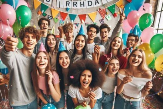 Des ados en chapeaux fêtent un anniversaire coloré, ballons et confettis dans une salle décorée.
