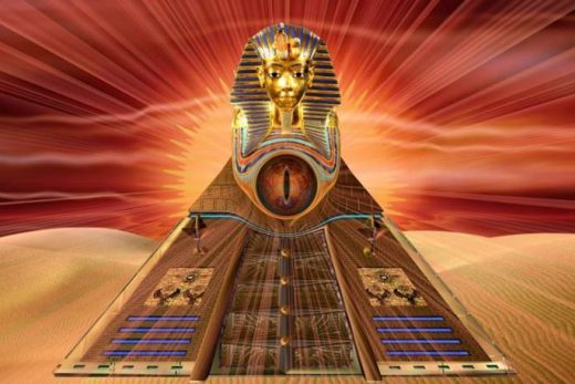 Pyramide stylisée, masque de pharaon doré, ciel rouge dramatique et désert façon escape game Laeris.