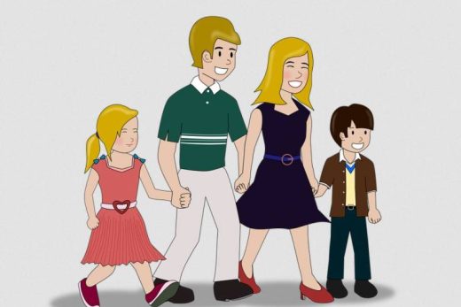Famille de quatre souriante, deux adultes et deux enfants, main dans la main, marchant ensemble.
