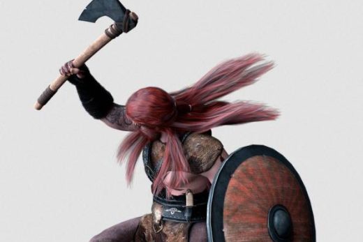 Guerrier en armure agenouillé, cheveux roux, hache levée, bouclier prêt à frapper.
