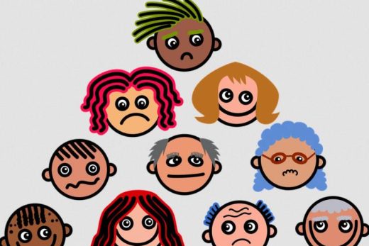 Pyramide de visages de dessins animés, cheveux et humeurs variés, sur fond lumineux. 100% faits maison, ambiance immersive.