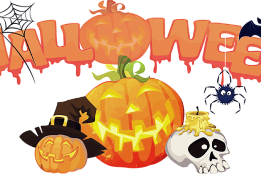 Halloween en lettres dégoulinantes, citrouilles-lanternes, crâne bougie, araignée, chauve-souris, toiles.