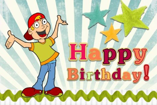 Garçon cartoon bras levés, texte "Happy Birthday !" coloré et étoiles sur fond rayé festif.