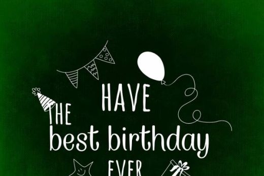 Joyeux anniversaire !" en blanc sur vert foncé, décors festifs : chapeau, guirlande, ballon, cadeau.