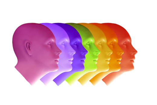 Six profils de tête colorés en ligne, chaque nuance unique sur fond blanc, ambiance de groupe ludique, style Laeris Toulon.