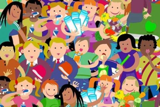Des enfants de tous horizons, munis de livres, de bouteilles et de nourriture, se sont rassemblés dans une scène de groupe vivante et animée.