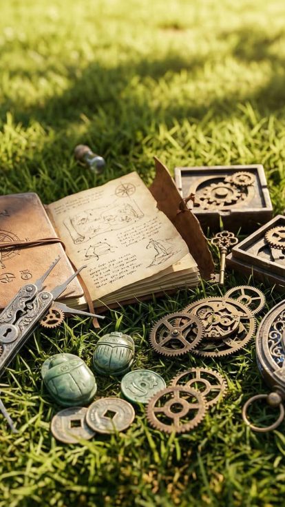 Objets steampunk sur herbe, engrenages, boussole, carnets et boîtes. Ambiance immersive Laeris.