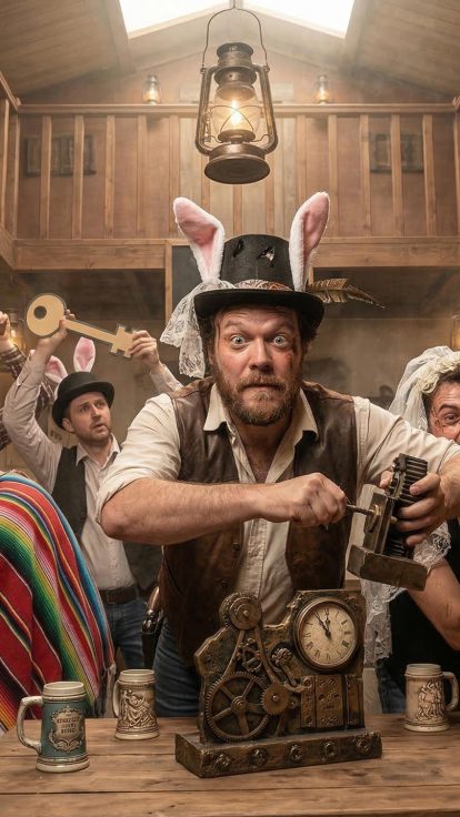 Groupe costumé explore énigmes clés et cadenas dans un décor rétro, ambiance escape game à Toulon.