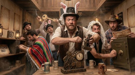 Groupe costumé explore énigmes clés et cadenas dans un décor rétro, ambiance escape game à Toulon.