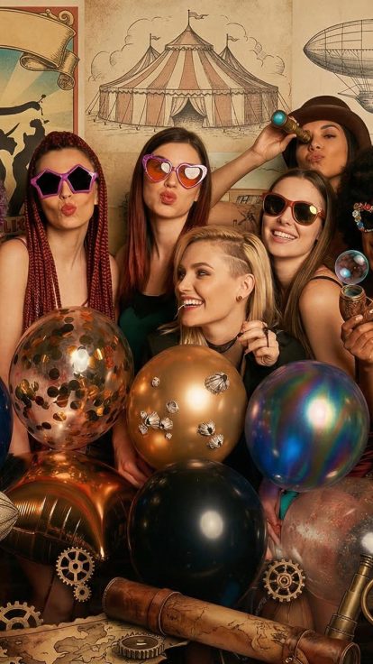 Sept femmes, ballons et déco steampunk devant une fresque vintage aux cartes, montgolfières et horloge.