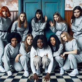 Douze femmes posent, tenues assorties grises et blanches, sur sol à damier devant porte bleue.