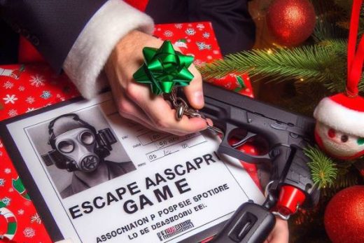 Cadeau Escape Game près d'un sapin décoré, pistolet-jouet et cadeaux, ambiance Laeris Toulon.