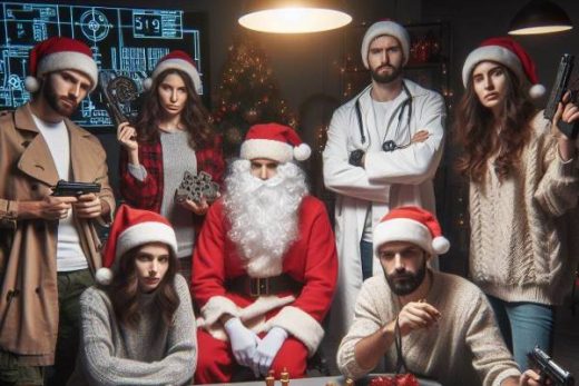 Équipe en bonnets rouges, accessoires policiers, ambiance Noël autour d'un échiquier, esprit escape game.
