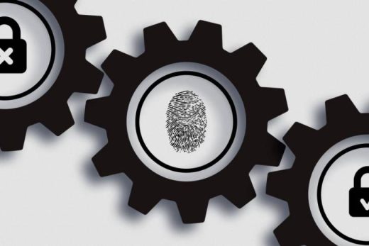 Trois engrenages imbriqués, icônes sécurité : cadenas fermé, empreinte digitale, cadenas ouvert.