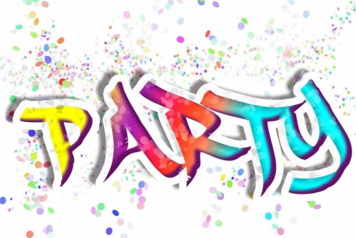 Graffiti "PARTY" coloré, confettis éparpillés en arrière-plan, ambiance festive et dynamique.