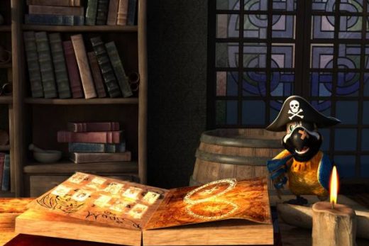 Livre ouvert avec trésor, pirate jouet, ambiance escape game Toulon, table bois, chandelle allumée.