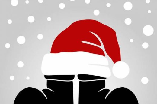 Bonnet de père Noël, bottes et chutes de neige sur fond gris ; "Joyeux Noël" en rouge en bas.