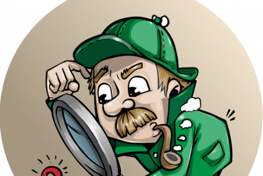 Détective cartoon vert, loupe et pipe, scrute point d'interrogation rouge, style escape game Toulon.