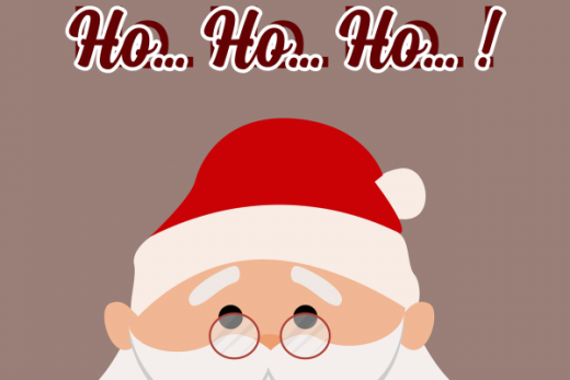 Père Noël avec lunettes, bonnet rouge, "Ho... Ho... Ho... !" au-dessus, "Joyeux Noël" en dessous en texte stylisé.