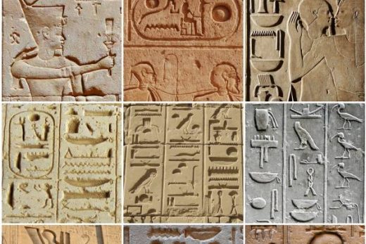 9 images : hiéroglyphes et bas-reliefs égyptiens anciens, animaux, symboles et personnages sculptés.