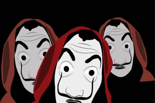 Trois visages masqués inspirés de Dalí, capuches rouges, sur fond noir, style escape game Laeris.