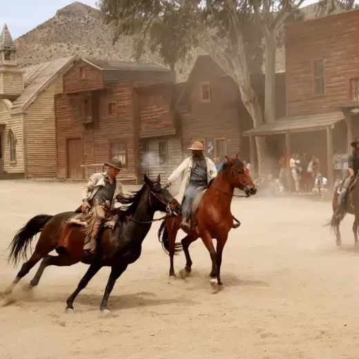 Les cavaliers en tenue western traversent une rue poussiéreuse bordée de bâtiments en bois et d'une église.