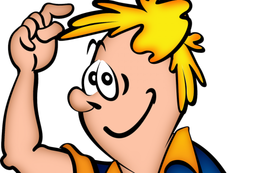 Sourire, garçon blond lève la main à la tête, chemise bleue col orange, style cartoon amusant.