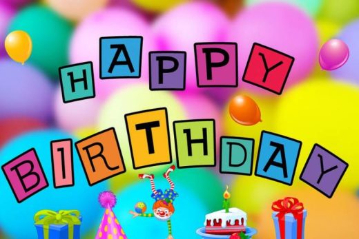 Joyeux anniversaire" coloré, ballons, cadeaux, chapeau de fête, clown et gâteau sur fond festif.